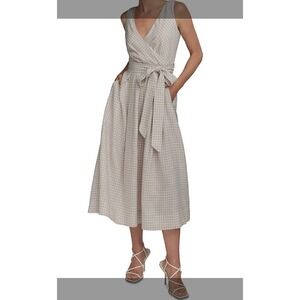 Donna Karan New York Tan Gingham Wrap Midi Dress Sleeveless KA5F35L2 Size 2
